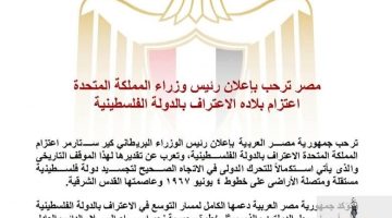 «خطوة تاريخية مرتقبة».. مصر تثمن إعلان رئيس الوزراء البريطاني عن نيّة الاعتراف بالدولة الفلسطينية