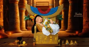 محمد يستوحي من المتحف المصري الكبير جلسة تصوير رضيعة بملابس فرعونية فريدة