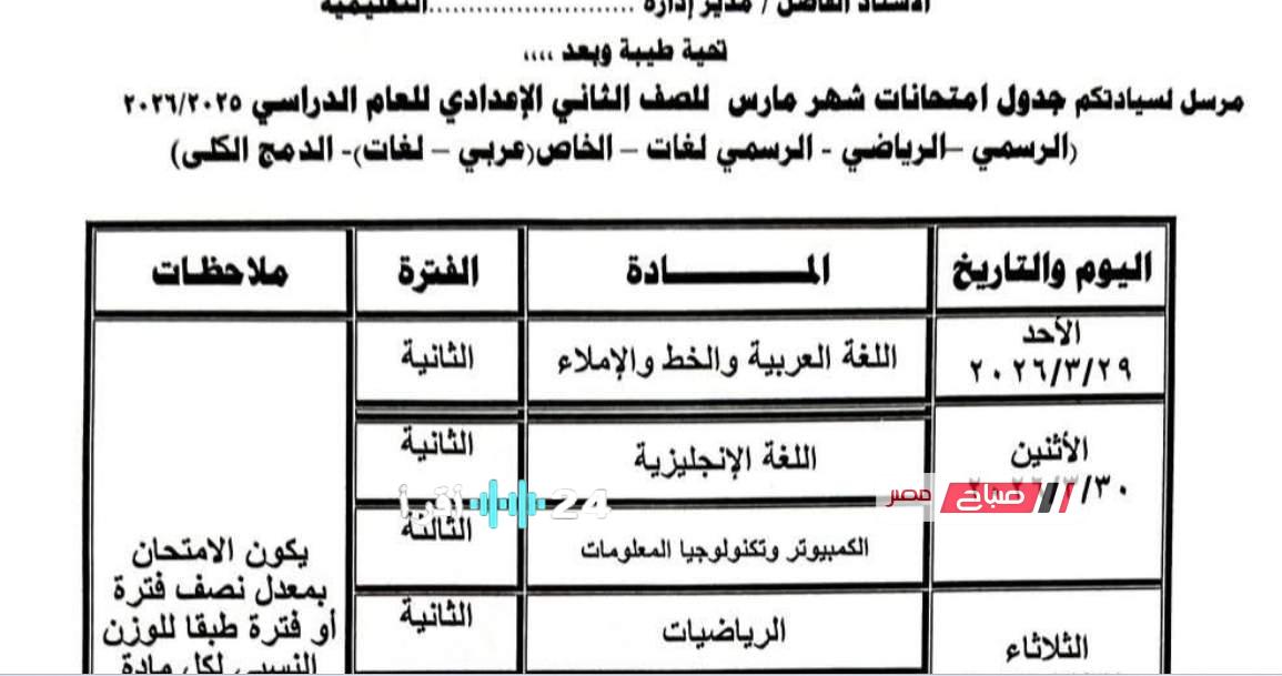 موعد امتحانات شهر مارس للصفين الأول والثاني الإعدادي في محافظة مطروح