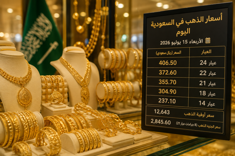 استقرار أسعار الذهب في السعودية اليوم الأربعاء 15 يوليو 2026 وترقب لعيار 21 في الأسواق العالمية