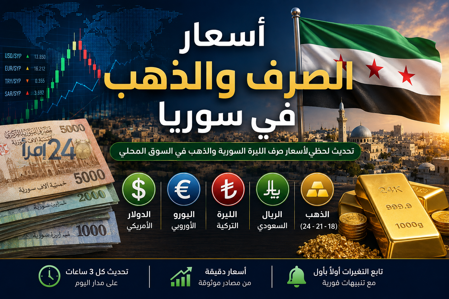 سعر الدولار والذهب عيار 21 يواصلان التغيرات في السوق السورية اليوم الأحد 4 أكتوبر 2026