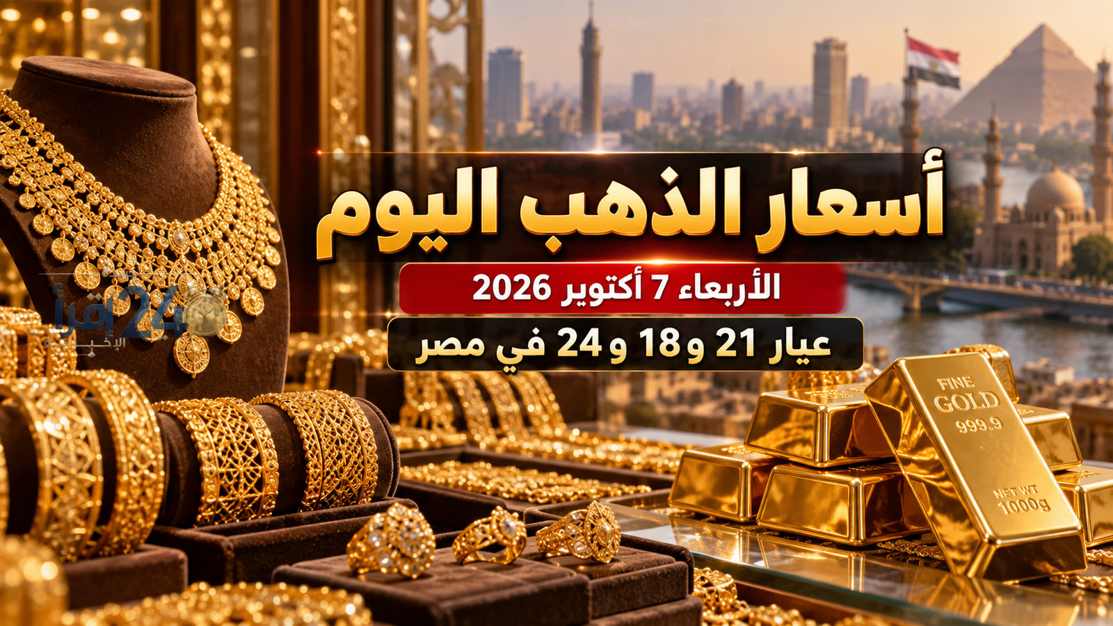 سعر الذهب في مصر اليوم الأربعاء 7 أكتوبر 2026 عيار 21 يسجل 6155 جنيها