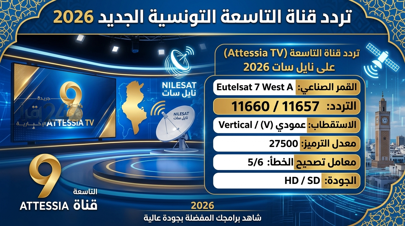 تردد قناة التاسعة التونسية 2026 Attessia TV الجديد على نايل سات