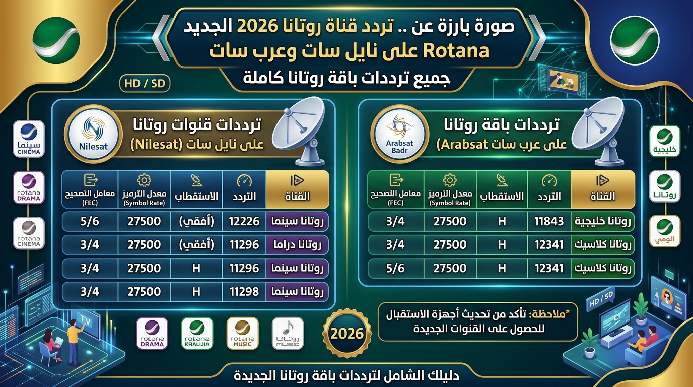 تردد قناة روتانا 2026 الجديد Rotana على نايل سات وعرب سات جميع ترددات باقة روتانا كاملة